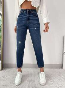 EURMUSE Women's Distressed Cat Whisker Design Tapered Jeans - Medium Wash - View 1