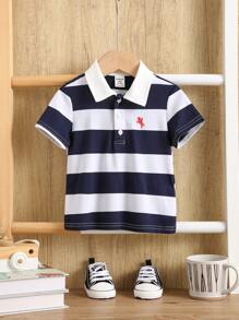 SHEIN Baby Boy/Girl Casual Sports-Style Collarbrooke Knit Top T-Shirt Polo Shirt, Cute & Fun For Spring/Summer Wear, Suitable For Indoor & Outdoor - Blue - View 3