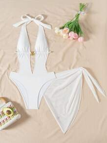 SHEIN 女士纯色吊带连体泳衣搭配网眼吊带裙，夏季伊比沙岛海滩度假装