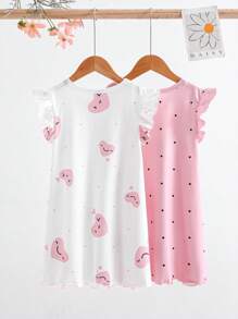 Genkimix Kids 2 Pcs/Set Young Girls' Cap Sleeve Flutter Sleeve Casual Long Nightgown & Homewear Set, Spring/Summer