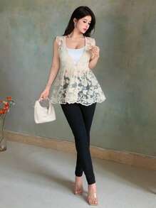 DAZY 女士蕾丝V领透视宽松叠穿甜美森风纽扣上衣 - 杏色 - 查看 4