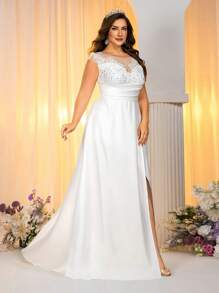 Glamrae Abito da sposa elegante e lussuoso con scollo a cuore, spalle aperte, arricciature, jacquard in raso, vita alta, taglio a trapezio e strascico, taglia grande