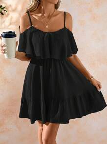 Amorya Women's Elegant Romantic Solid Green Textured Chiffon Fabric Off-Shoulder Ruffle Hem Camisole Dress, Spring/Summer Holiday,Dresses For Women SummerFall/Winter Women Clothes Back To School Modest Vintage Old Money Teacher Outfits For Women Airport Beautiful Clothing For Women - Black - View 3