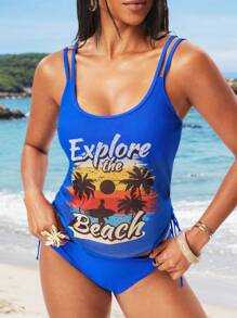 Swim Lushoire 2-Piece Women's Floral Print Spaghetti Strap Bikini Swimsuit Set With Adjustable Side Tie High-Waist Bottoms, Copyright Purchased, Vacation Collection For Summer , Beach - Royal Blue - View 1