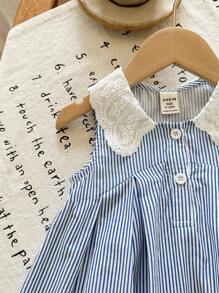 SHEIN LMoss Kids Babygirl Cute Casual Summer Striped Embroidered Peter Pan Collar Dress - Blue and White - View 4
