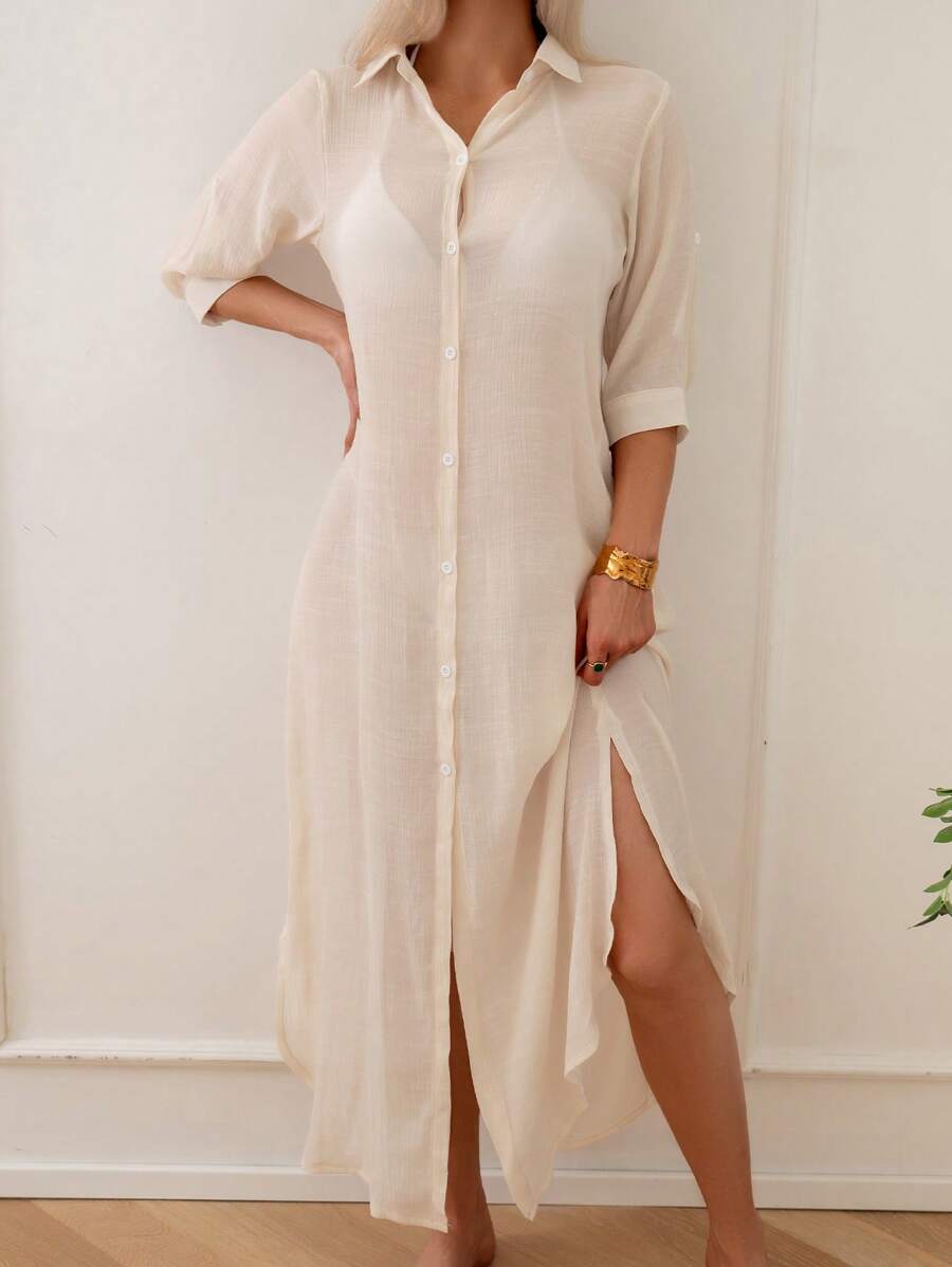 Swim Vcay 1pc Women's Solid Color Long Sleeve Kimono Cover Up, Fashionable For Summer
