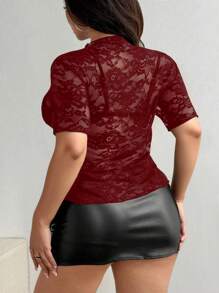 Viva Relle 大码女式性感透视蕾丝长袖圆领休闲修身高弹T恤，春秋季 - 酒紅色 - 查看 2