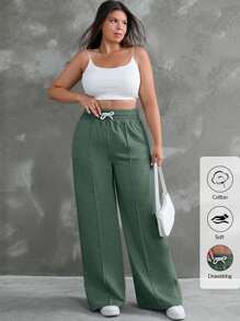 RueChic Plus Drawstring Waist Wide Leg Pants - Mint Green - View 1