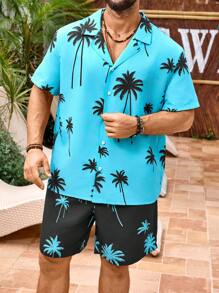 Surfspeed 加大码男士棕榈树印花衬衫和短裤沙滩套装，夏威夷风 - 薄荷藍 - 查看 6
