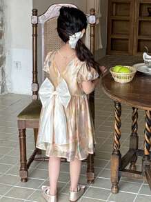 DAZY Young Girls Round Neck Full Print Puffy Sleeve Party Mid-Length Dress,Girls Summer Outfits - Yellow - View 2