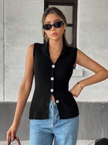 SHEIN Clasi 夏季休闲纯色纽扣针织背心 - 黑色 - 查看 5