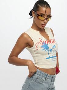 SUMWON WOMEN Top corto sin mangas estilo urbano de calle con gráfico de palmera para usar en verano, fiestas y playa, estilo California Club de Los Angeles