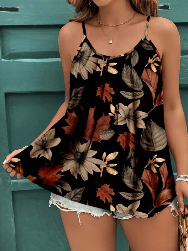EMERY ROSE Casual Minimalist Elegant Leaf Print Plus Size Cami & Tank Top Suitable For Summer Women Summer Clothing  Woman S Summer Clothes Vcay,Vintage