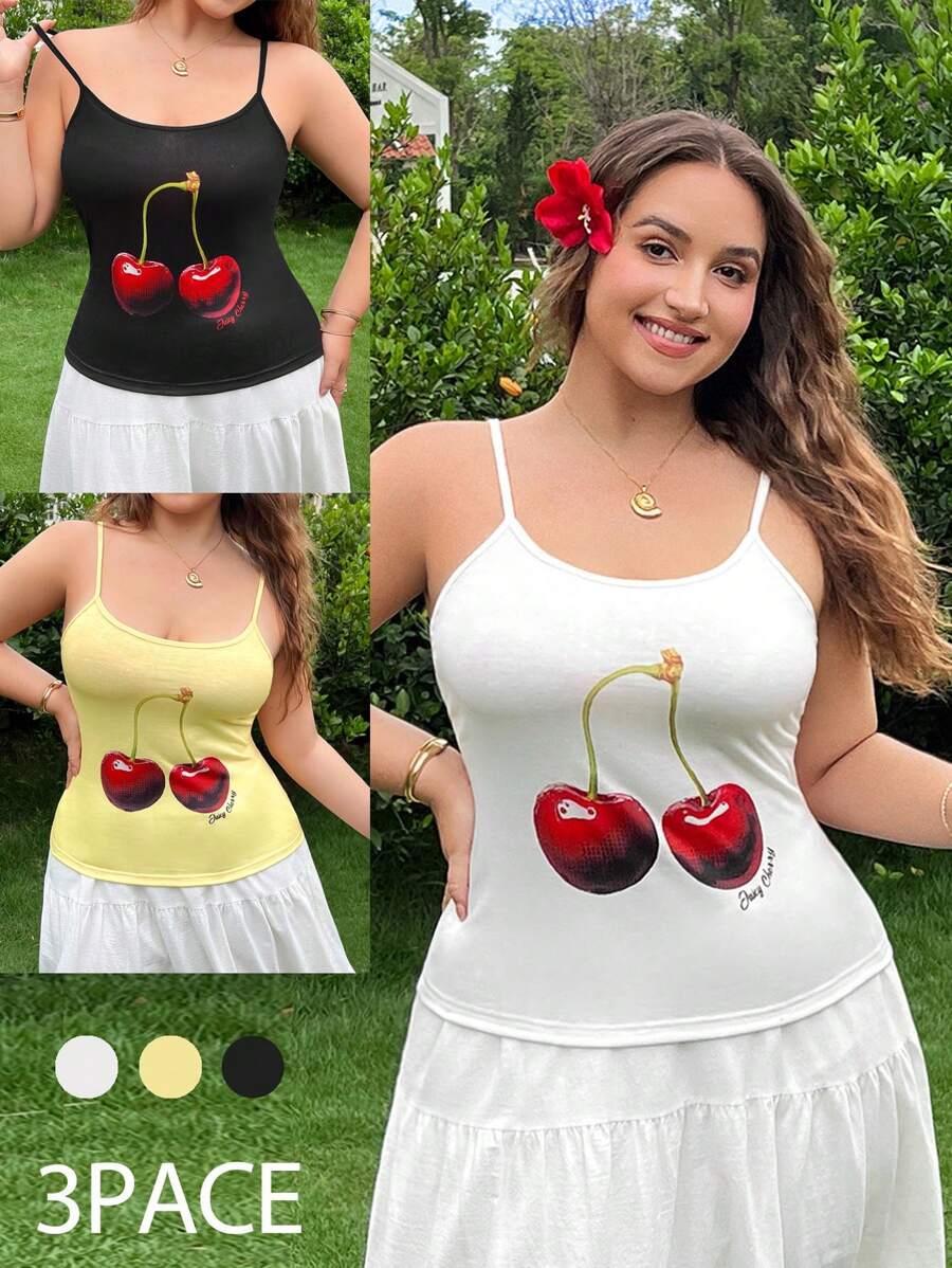 SHEIN EZwear Set de 3 blusas de tirantes informales con estampado de cereza para vacaciones de verano para mujeres de talla grande - Multicolor - Ver 1
