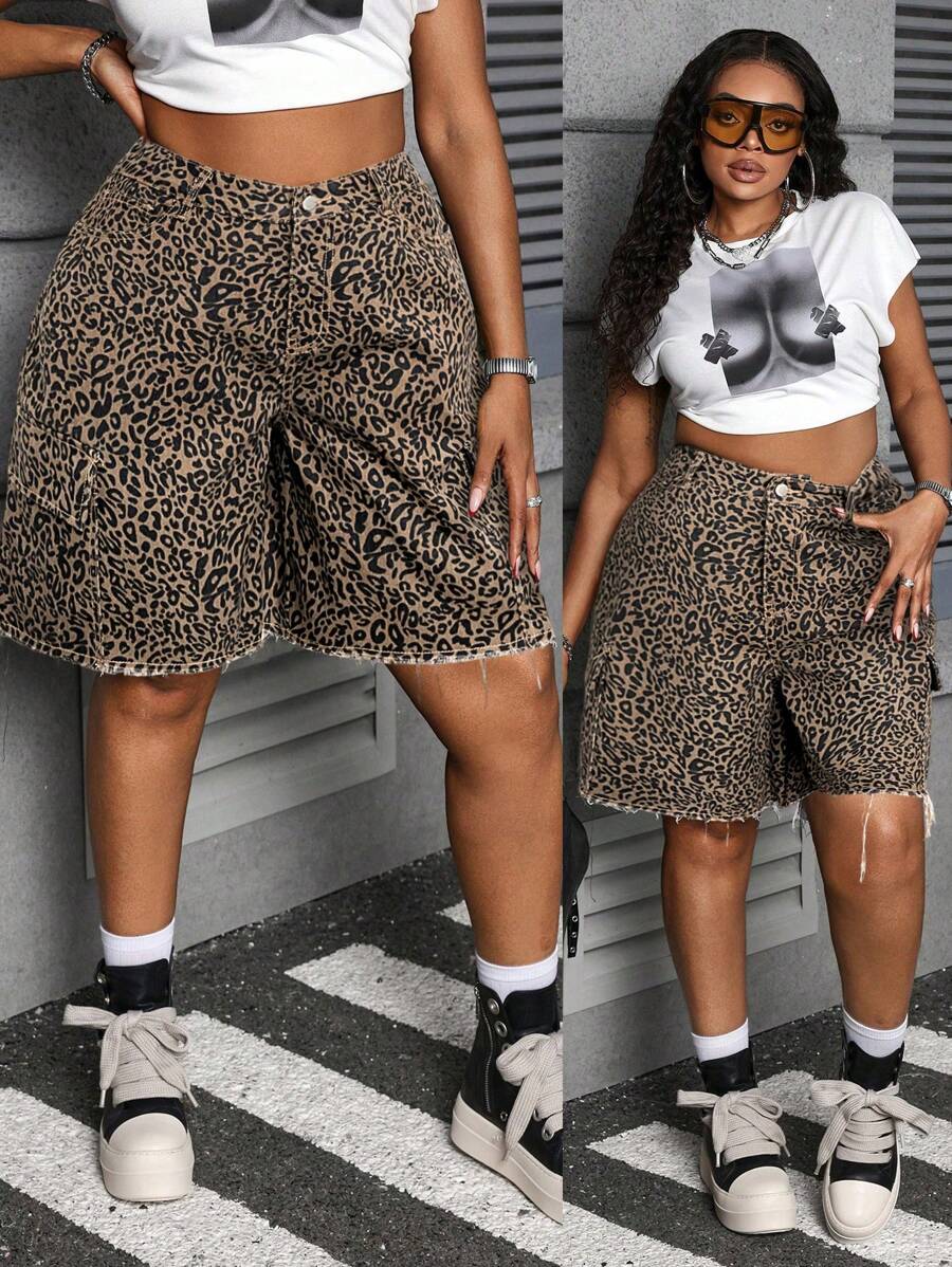 Quần short denim cỡ lớn cho nữ Quần short dành cho nữ Quần short jean Quần short công sở rộng rãi Quần short cotton ngụy trang rộng rãi - Nhiều màu - Xem 1