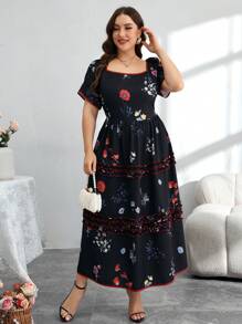 Modelyn 加大码春夏宽领浪漫花卉印花抽绳腰部喇叭下摆优雅迷人度假连衣裙 - 黑色 - 查看 6