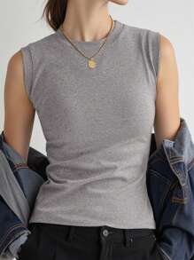 Airaco 女式纯色圆领休闲修身棉质吊带背心，夏季 - 灰色 - 查看 1