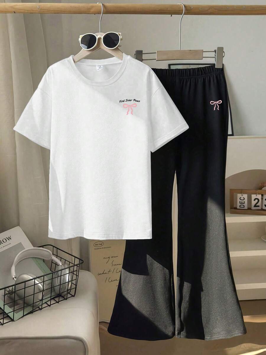 少女时尚喇叭裤和T恤套装，适合夏季 - 白色 - 查看 1