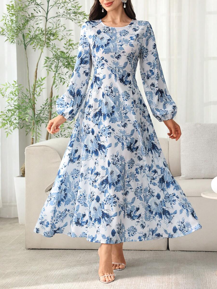 SHEIN Najma 蓝色浪漫喇叭印花连衣裙，新款阿拉伯风格休闲长裙，女士春夏装，端庄 - 藍色 - 查看 1