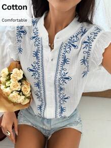 SHEIN Frenchy Women's Boho Long Blouse: White Woven Fabric With Blue Floral Embroidery, Cap Sleeves, And Stand Collar Summer Elegant - Blue and White - View 1