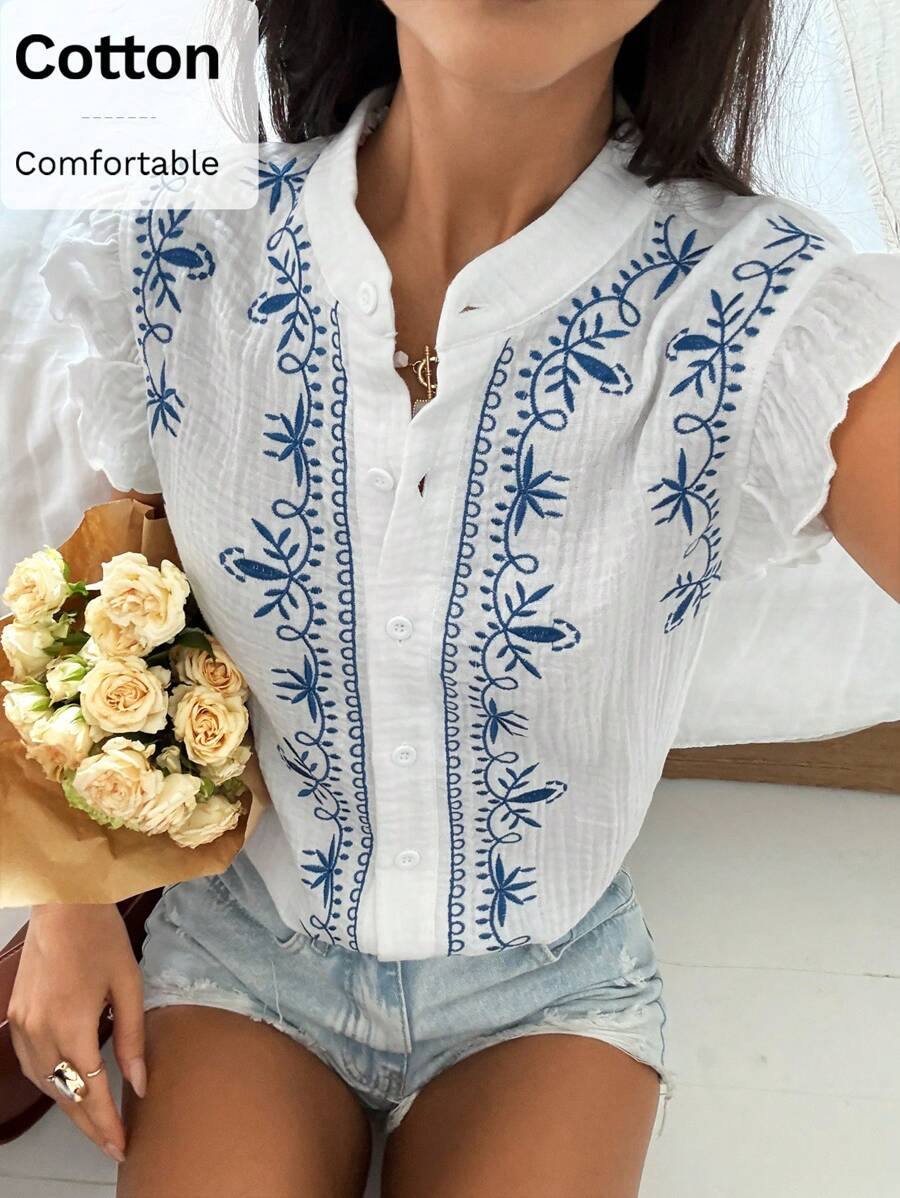 SHEIN Frenchy Women's Boho Long Blouse: White Woven Fabric With Blue Floral Embroidery, Cap Sleeves, And Stand Collar Summer Elegant - Blue and White - View 1