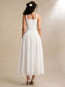 Enchnt 春夏浪漫女士优雅花卉刺绣荷叶边下摆吊带长裙，甜美优雅性感连衣裙，适合节日连衣裙、度假连衣裙、甜蜜约会、毕业季连衣裙、日常通勤、下午茶连衣裙、婚礼和花园派对，女士夏季服装，太阳裙，女士夏装，商务休闲女装 - 白色 - 查看 8