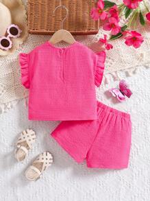 SHEIN 2 pièces Tenue d'été pour bébé fille : Top ample rose à manches courtes à volants et ensemble short à taille élastique