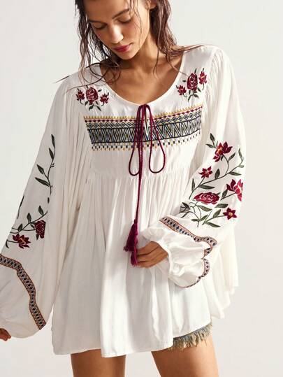 Bohemela Women's Floral Embroidery Knot Front Casual Vacation Long Sleeve Blouse