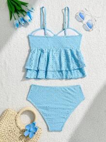 SHEIN 2 件镂空纯色泳衣套装，适合海滩度假、温泉夏季泳衣 1 件青少年泳衣套装青少年夏季泳衣青少年连体泳衣青少年女童两件套