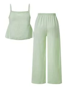 SHEIN Set de 2 piezas de camiseta sin mangas con volantes y pantalones anchos de pierna ancha, estilo casual, dulce y elegante para adolescentes, apropiado para uso diario, ir a trabajar, ocio, vacaciones y reuniones con amigos