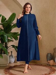 Swim Mulvari 2pcs Plus Size Women's Solid Color Burkini Set: Lined Decorated Band Mid-Thigh Swimsuit Top And Solid Color Pants For Summer Beach Vacation - Navy Blue - View 5