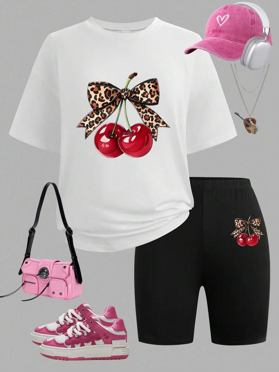 SHEIN Tween Girl Leopard Bow & Cherry Print Round Neck Short Sleeve T-Shirt And Knit Legging Shorts 2Pcs Set Outfit For Girls - White - View 1