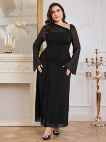 Modelyn 加大码纯色网眼撞色休闲连衣裙，简约优雅日常长款晚礼服 - 黑色 - 查看 3