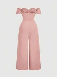 SHEIN MOD 大码女式纯色露肩褶饰简约休闲天鹅绒紧身连体裤，女式连体裤，公主女装，新年，情人节 - 粉色 - 查看 2