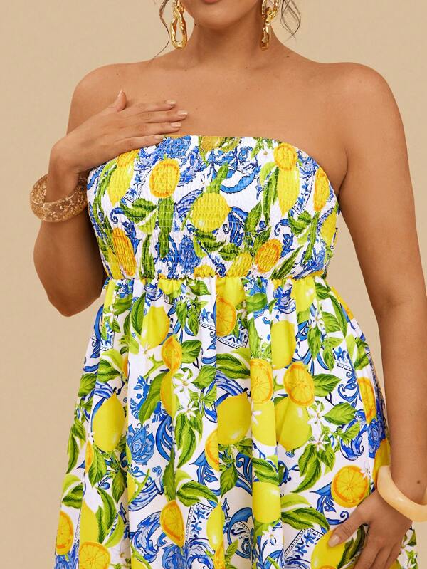 Travachic Rochie mini de plajă tropicală, mărime mare, casual, cu imprimeu albastru și galben de lămâie, tip tub, pentru femei, potrivită pentru vacanța în Amalfi, vacanța în Positano, vacanța în Italia
