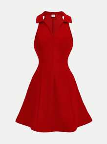 SHEIN Serisse Kids Tween Girls' Solid Color V-Neck Sleeveless Waist-Cinched A-Line Dress - Red - View 2