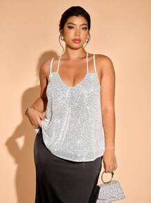 Cravure 大码女式亮片优雅吊带背心，舞会吊带背心 - 銀色 - 查看 1