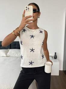 SHEIN Frenchy Women Floral Print Round Neck Casual Knit Vest,Tops For School