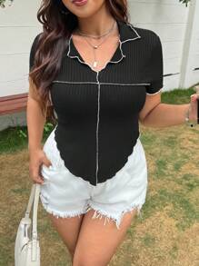 SHEIN EZwear Plus Size Summer Fashion Contrast Trim Lapel Asymmetric Hem Short Sleeve T-Shirt - Black - View 6