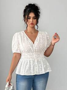 Elenzga Plus Size Women Elegant Short Sleeve Tie-Neck Blouse With Vintage Palace-Style Floral Embroidery And Exquisite Ruffle Puff Sleeve, For Spring/Summer - White - View 6