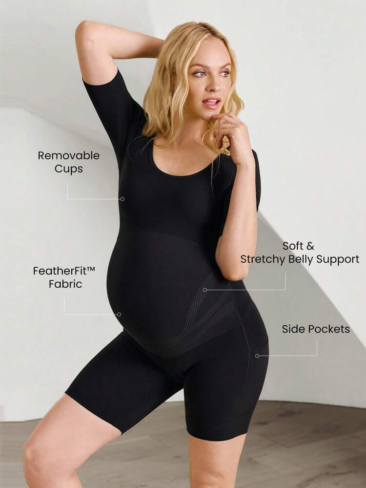 8" FeatherFit™ Mama On The Move Short Sleeve Scoop Neck Removable Cups Side Pockets Spandex Maternity Pregnancy Short Bodysuit Romper Low Impact Yoga Pilates Studio Gym Daily Casual Wear