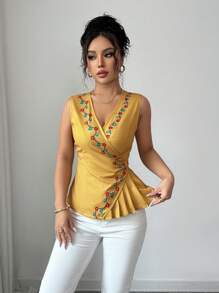 Chiquease 女士优雅碎花褶饰系腰衬衫 - 芥末黃 - 查看 4