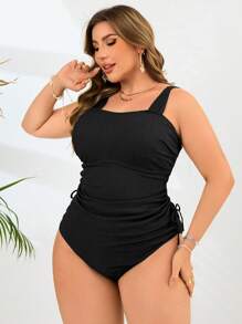 Swim Lushoire 2pcs Plus Size Solid Color Camisole Bikini Tank Top With Adjustable Strap & Ruched Shorts Casual Mature Style Swimsuit, Dress, Summer Outfits For Woman
