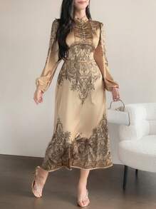 DAZY Damen Party Blume Muster Rundhals Langarm Farbblock Kleid, Herbst Feiertag Geburtstags Feier Hochzeitsgast Outfit