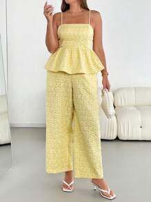 Auralis 大码女装春夏时尚休闲舒适日常立体纹理面料荷叶边吊带上衣和阔腿裤奶油黄色可爱两件套，欧洲夏季，度假装，裤子套装，夏威夷装女装，2 件夏季装 - 黃色 - 查看 3