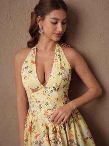 SHEIN Unity 优雅浪漫图案 V 领露背系带长裙，巴斯克腰部细节，适合约会、派对、春夏季 - 黃色 - 查看 3