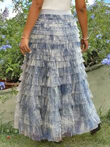 Elenzga Plus Size Floral Print Ruched Gradient Hem Skirt,Valentine Fall Cloth For Women