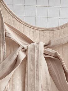 GlowEve Đầm ngắn thường ngày dệt kim cổ tròn hở lưng không tay chữ A viền bèo nhún cho nữ mùa hè - Màu be - Xem 4