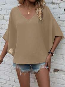 EMERY ROSE 女式纯色 V 领蝙蝠袖短袖宽松休闲衬衫，夏季