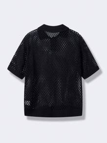 SHEIN 青少年男孩休闲纯色纹理 Polo 领短袖针织衬衫，百搭舒适，适合通勤、上学、日常生活、度假、运动、春夏季 - 黑色 - 查看 3